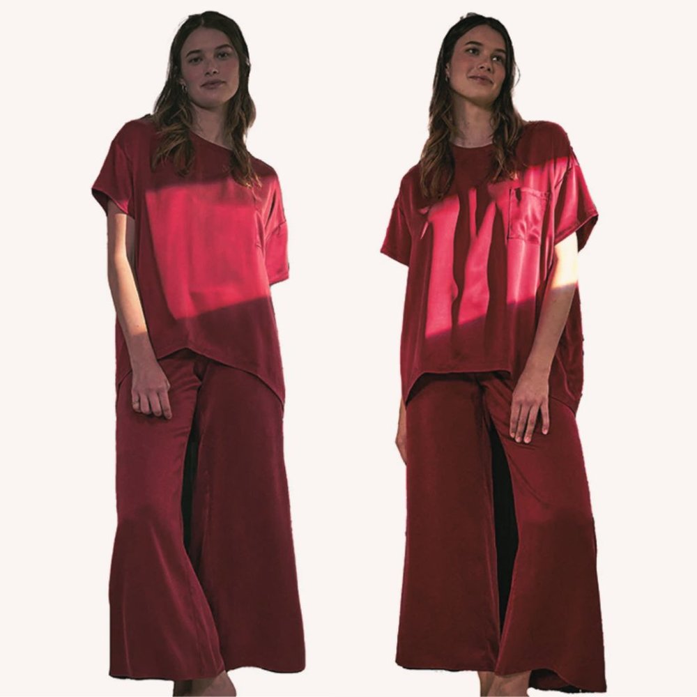 Lunya Washable Silk Oversized Tee & Pants Set Sz S in Maroon Pajama Set